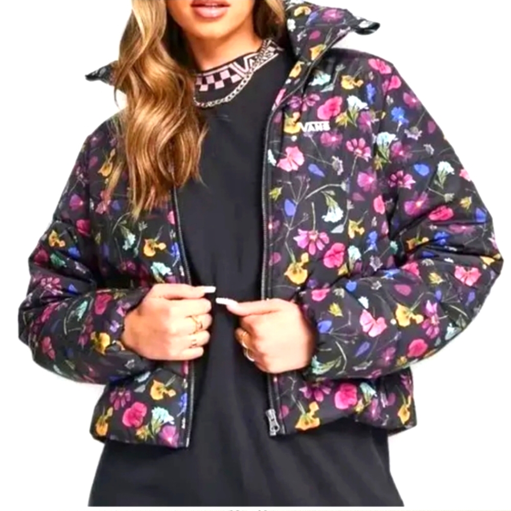 Vans Foundry V Cropped Puffer Jacket Black Multicolor Pressed Floral NWT-Small